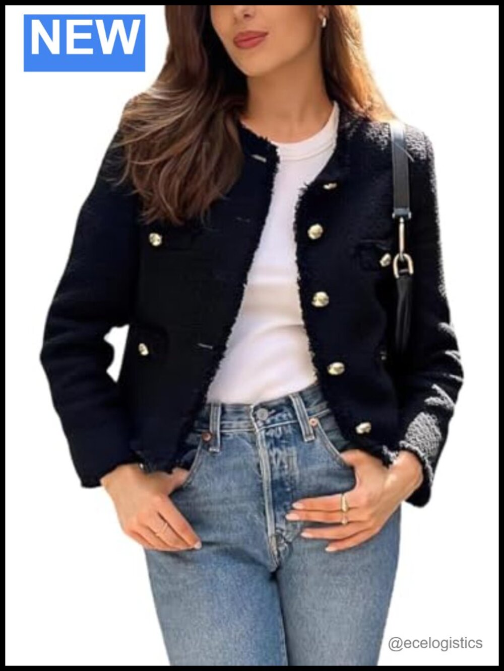 Women's Tweed Blazer Jacket Cropped Long Sleeve Button Down